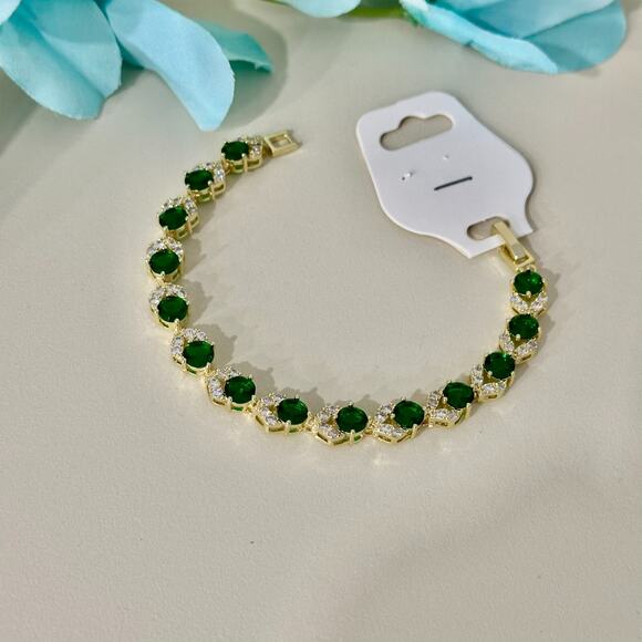 18K Gold Plated Womens Bracelet Icy Green & Clear C. Zirconia Oro Laminado‎ 7'' - Picture 2 of 6